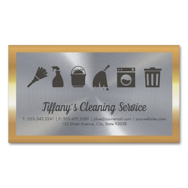 Cleaning Service | Maid Supplies | Gold Border Magnetic Business Card (Front)