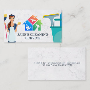 Cleaning Service Maid with Broom Marble Business Card