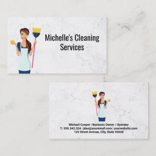 Cleaning Service Maid with Broom Marble Business Card