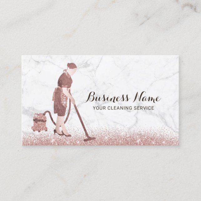 Cleaning Service Marble & Rose Gold Glitter Maid Business Card (Front)
