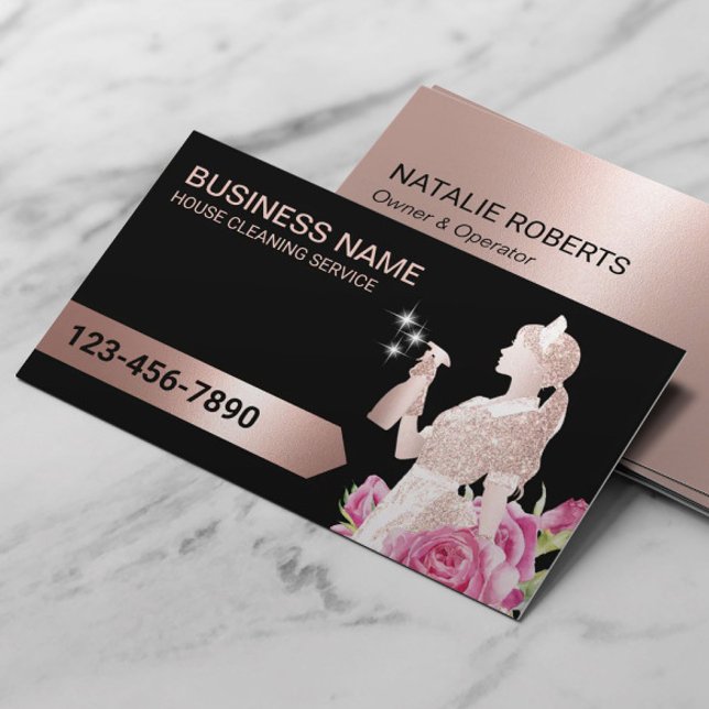 Cleaning Service Modern Rose Gold Maid Floral Business Card (Creator Uploaded)
