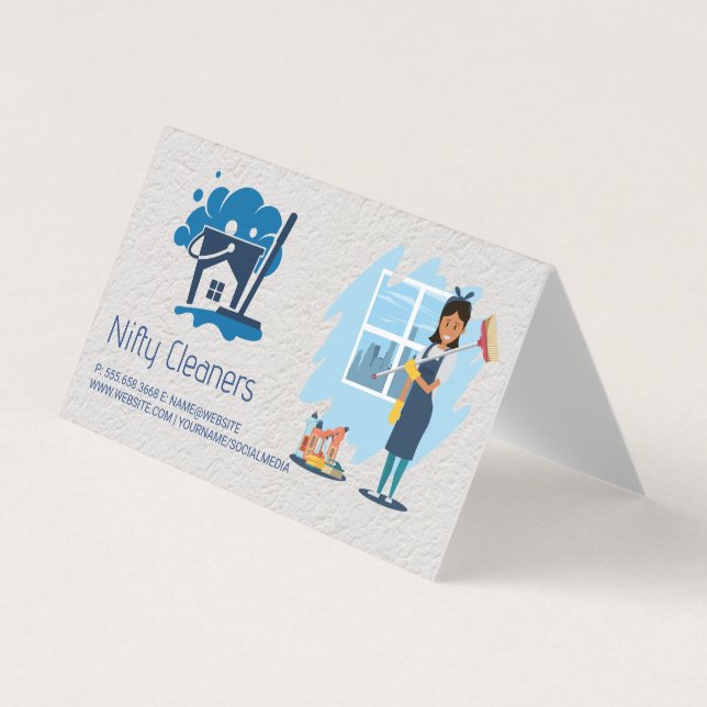 Cleaning Service | Mop Broom House Logo Business Card (Front)