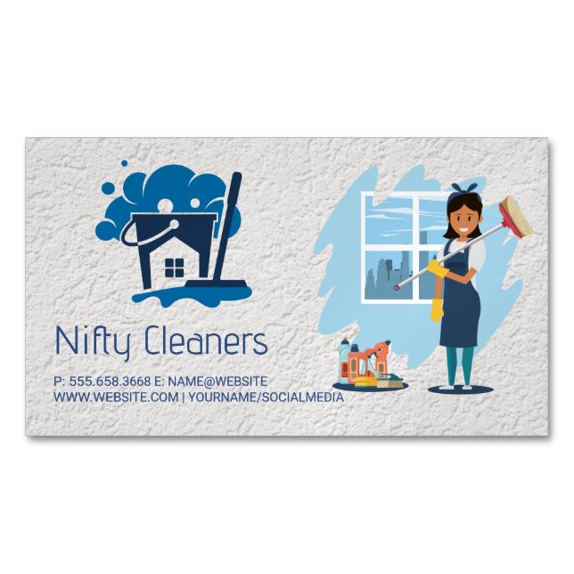 Cleaning Service | Mop Broom House Logo Magnetic Business Card (Front)