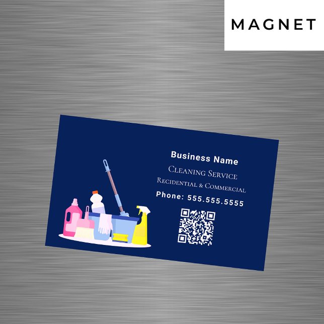 Cleaning service navy blue QR code Magnetic Business Card (Creator Uploaded)