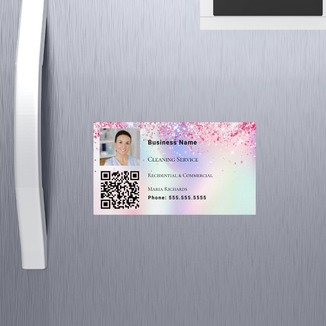 Cleaning service photo QR code holographic pink Magnetic Business Card (Creator Uploaded)