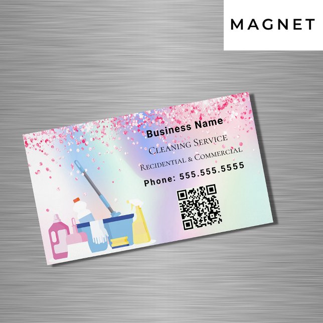 Cleaning service pink holograpgic QR code Magnetic Business Card (Creator Uploaded)