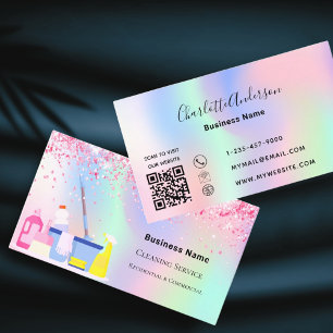 Cleaning service pink holographic QR code Business Card