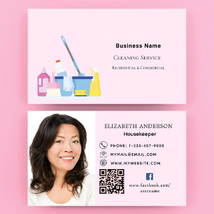 Cleaning service pink QR code photo premium Business Card