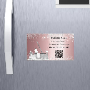 Cleaning service pink silver glitter dust QR code Magnetic Business Card