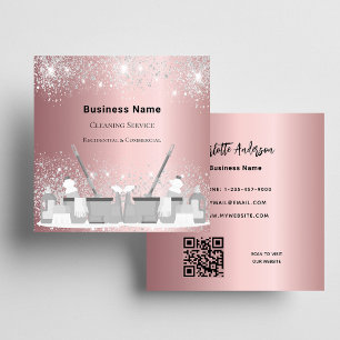 Cleaning service pink silver glitter dust QR code Square Business Card