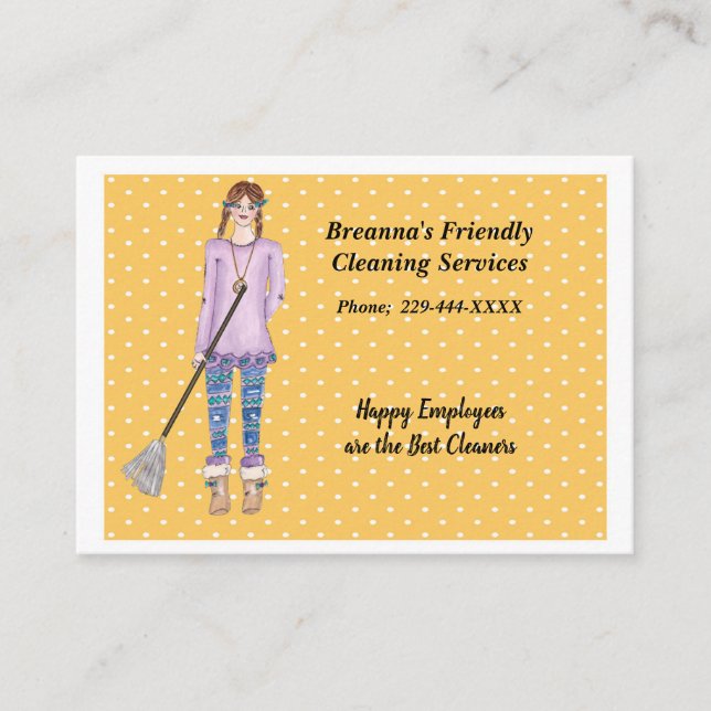 Cleaning Service Polka Dots Girl and Mop Business Card (Front)