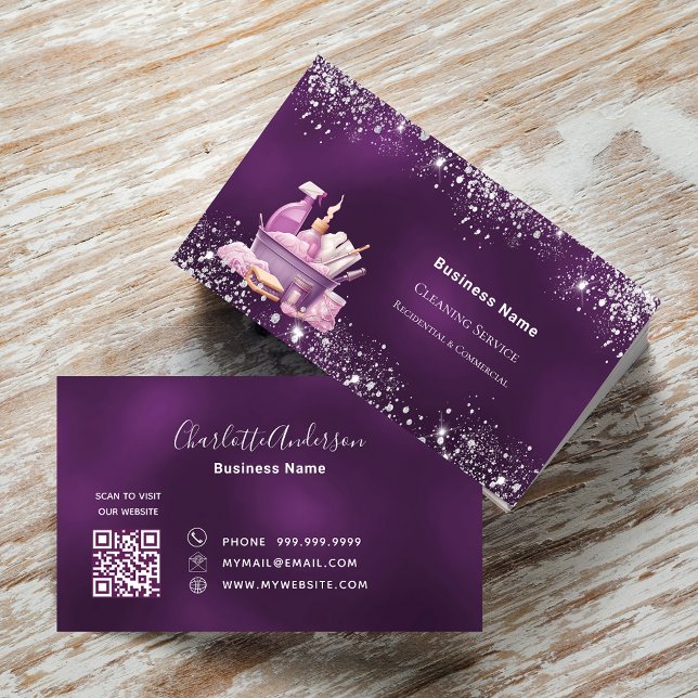 Cleaning service purple silver glitter QR code Business Card (Creator Uploaded)