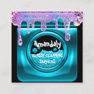 Cleaning Service QRCode Laundy Drip Soap Pink Teal Square Business Card