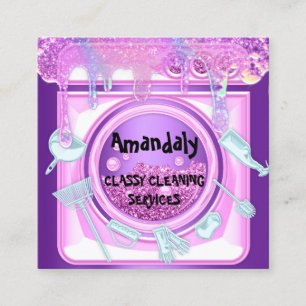 Cleaning Service QRCode Laundy Drips Soap Violet Square Business Card