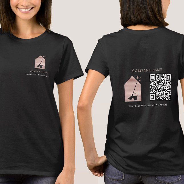 Cleaning Service Rose Gold Logo QR Code Black T-Shirt (Cleaning Service Rose Gold Logo QR Code Black T-Shirt)