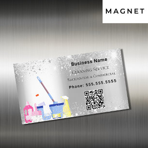 Cleaning service silver glitter dust QR code Magnetic Business Card