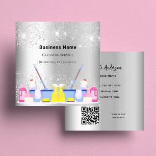 Cleaning service silver glitter dust QR code Square Business Card