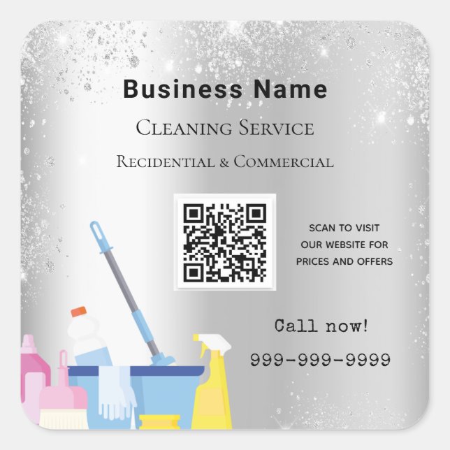 Cleaning service silver glitter dust QR code Square Sticker (Front)