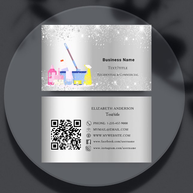 Cleaning service silver glitter QR code premium Business Card (Creator Uploaded)