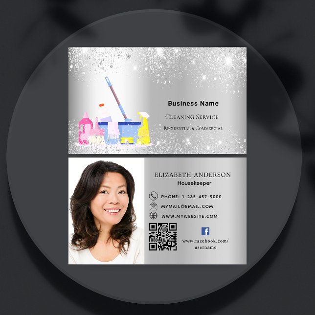 Cleaning service silver glitter QR photo premium Business Card (Creator Uploaded)
