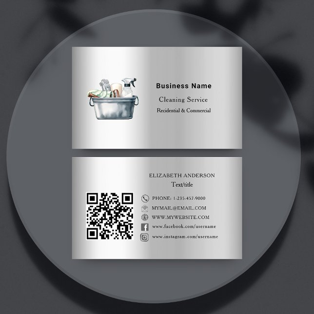Cleaning service silver QR code social media Business Card (Creator Uploaded)