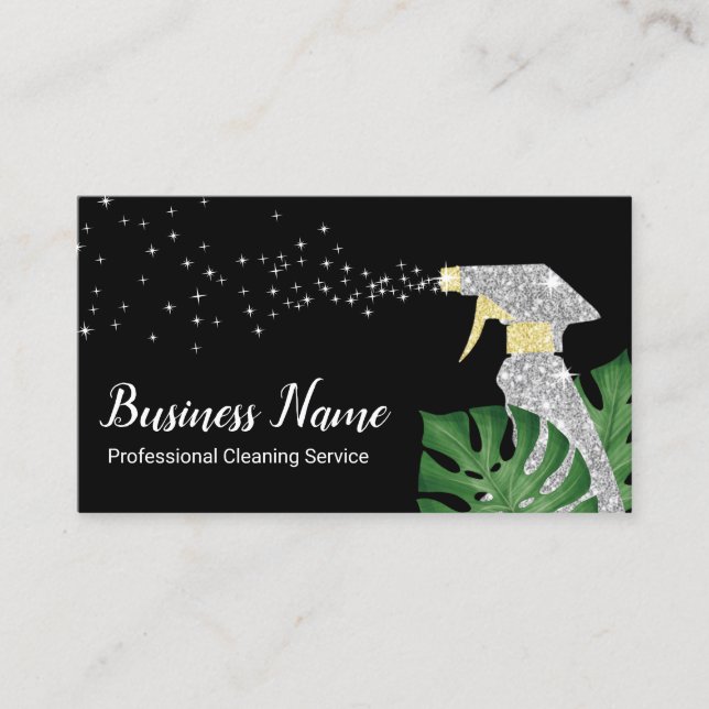Cleaning Service Silver Spray Tropical Leaves Business Card (Front)