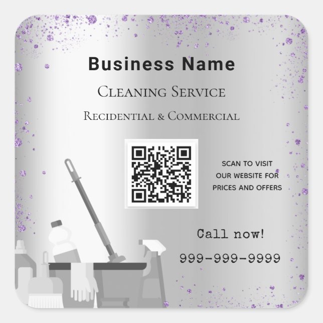 Cleaning service silver violet glitter dust QR Square Sticker (Front)