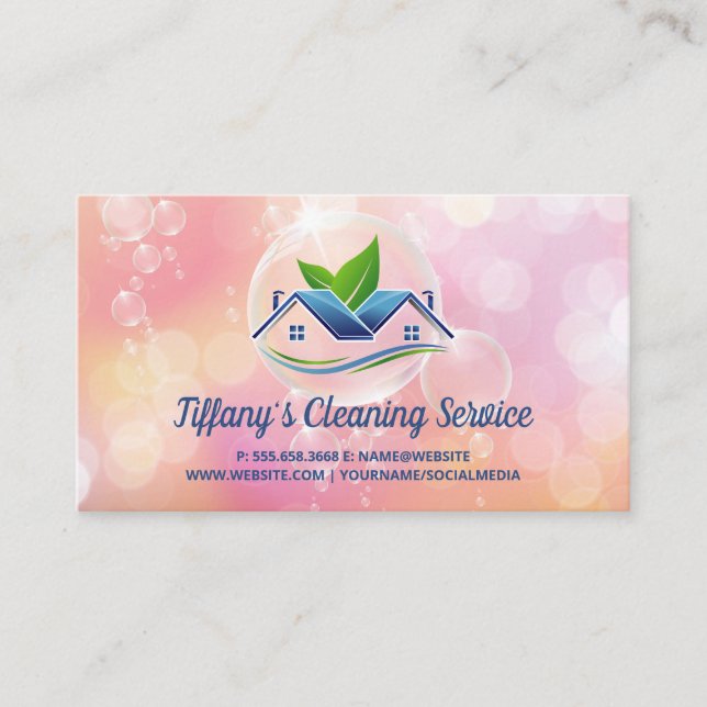 Cleaning Service | Soap Bubbles | House Icon Business Card (Front)
