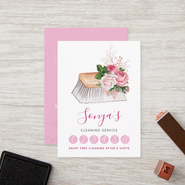 Cleaning Service Watercolor Cleaning Brush Loyalty Card (Front/Back In Situ)