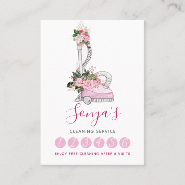 Cleaning Service Watercolor Pink vacuum cleaner Loyalty Card (Front)