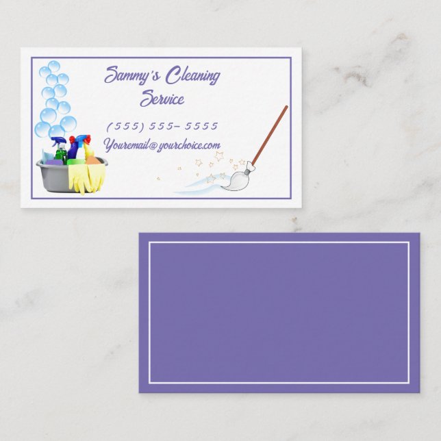 Cleaning Service with cleaners, bucket, and broom Business Card (Front/Back)