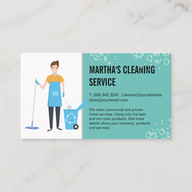 Cleaning Services | Cleaning Worker | Soap Bubbles Business Card (Front)
