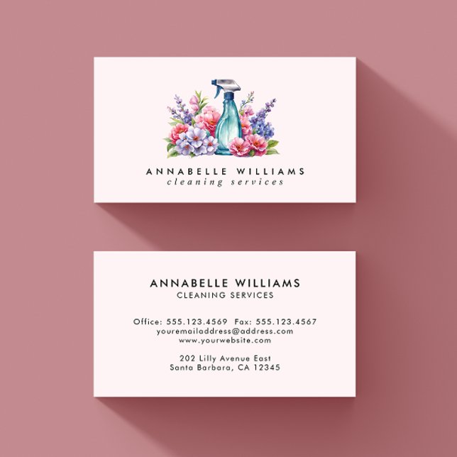 Cleaning Services Floral Watercolor Spray Bottle  Business Card (Creator Uploaded)