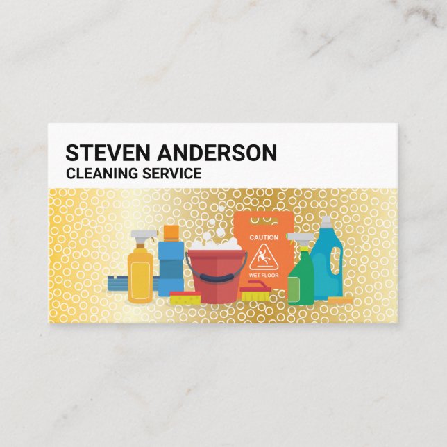 Cleaning Services | Gold Background Bubbles Business Card (Front)