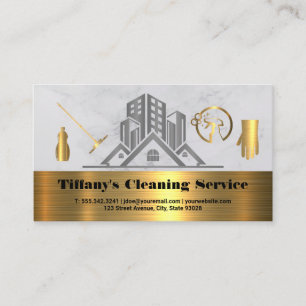 Cleaning Services   Gold Metallic Icons Business Card