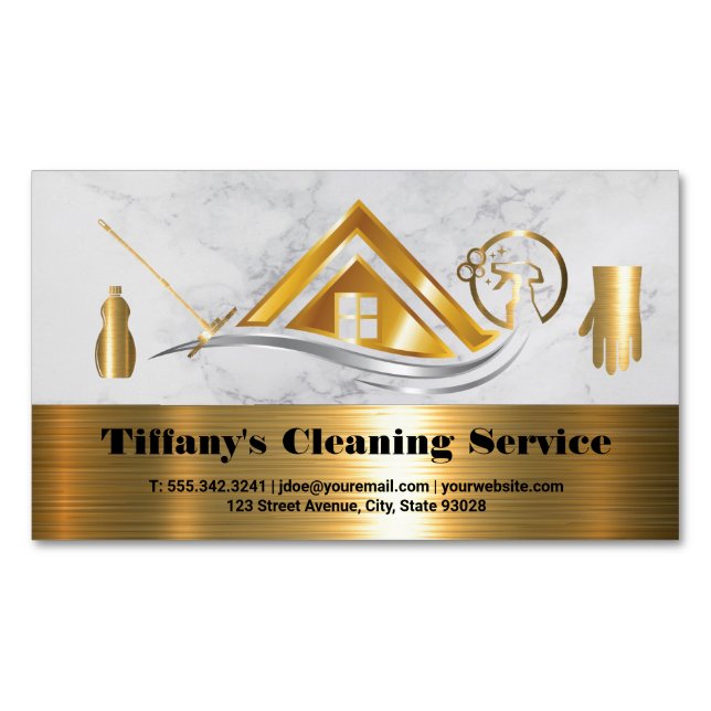Cleaning Services | Home Gold Metallic Icons Magnetic Business Card (Front)