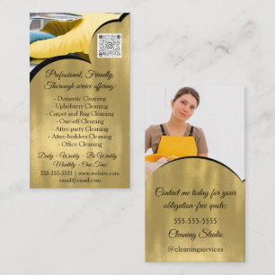 Cleaning Services House Keeping QRCode Photo Gold Business Card