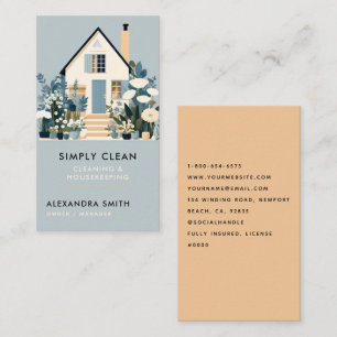Cleaning Services Housekeeping Floral Dusty Blue Business Card