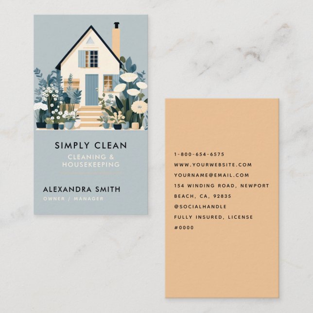 Cleaning Services Housekeeping Floral Dusty Blue Business Card (Front/Back)
