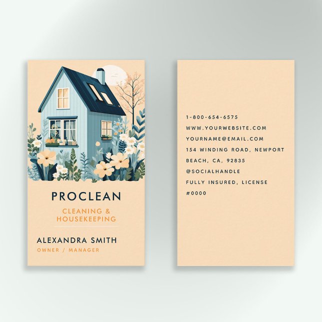 Cleaning Services Housekeeping Floral Yellow Chic Business Card (cleaning housekeeper janitorial business card scandi scandinavian elegant modern chic simple minimal)