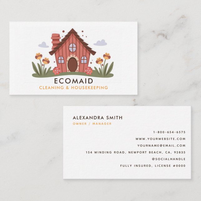 Cleaning Services Housekeeping Retro Cute House Business Card (Front/Back)