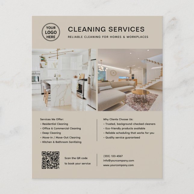 Cleaning Services Logo Photo QR Code Beige Flyer (Front)
