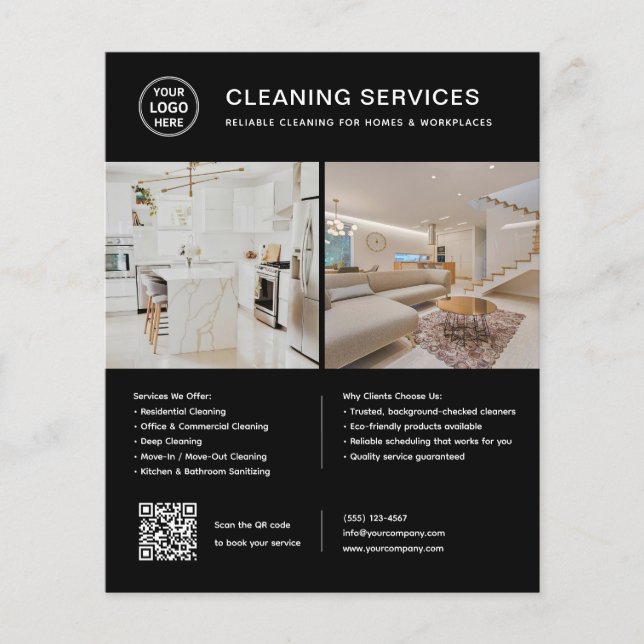Cleaning Services Logo Photo QR Code Black Flyer (Front)