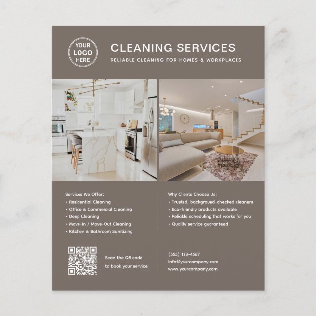 Cleaning Services Logo Photo QR Code Taupe Flyer (Front)