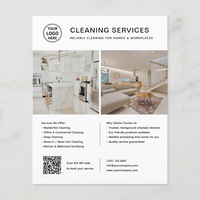 Cleaning Services Logo Photo QR Code White Flyer (Front)