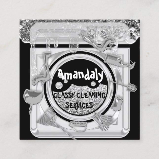 Cleaning Services Logo QR Code Laundy Logo Silver Square Business Card (Front)