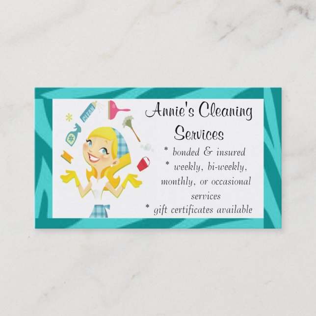 Cleaning services maid business card blue (Front)