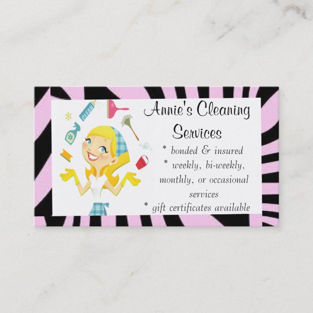 Cleaning services maid business card purple (Front)