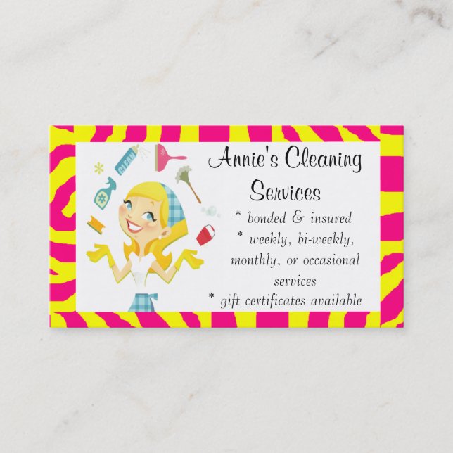 Cleaning services maid business card yellow (Front)