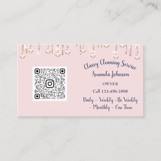 Cleaning Services Maid Drips QR Floral Blush Business Card (Front)